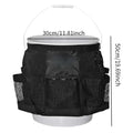 Black cylindrical polyester hanging storage bag with straps, designed to fit a 5 gallon barrel.