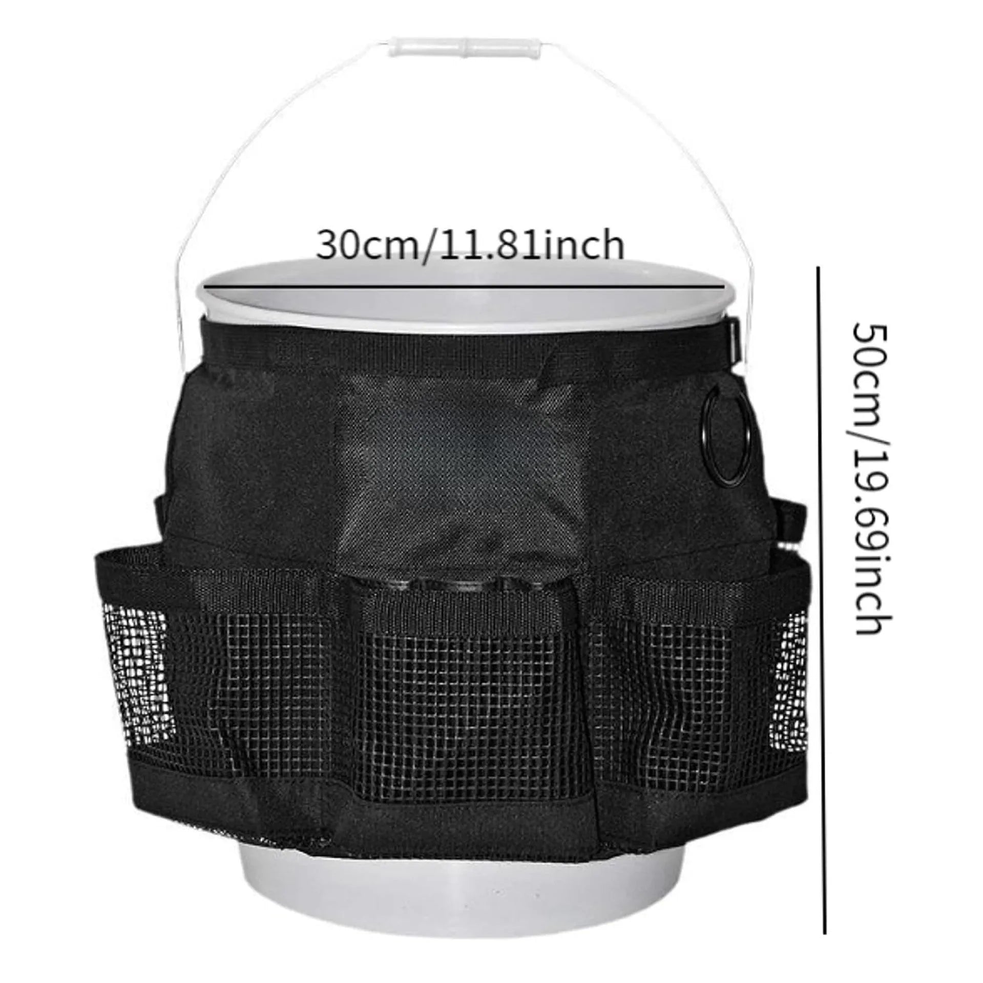 Black cylindrical polyester hanging storage bag with straps, designed to fit a 5 gallon barrel.