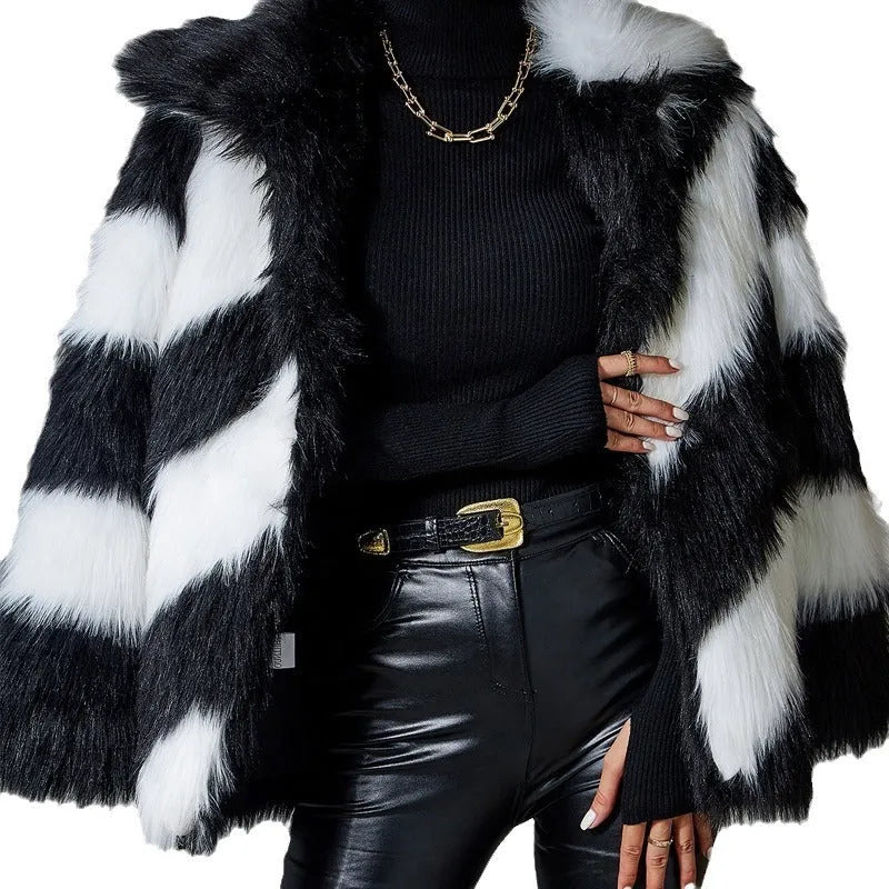 Women's faux fur coat with lapel contrast colour and fur collar, 50cm length