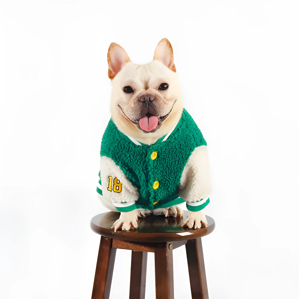 Green fleece-lined dog coat for winter, available in sizes L to 4XL, made of cotton and polyester