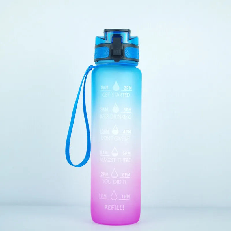 Transparent 1000ml BPA-free Tritan plastic sports bottle with kawaii design, clear body, and cap
