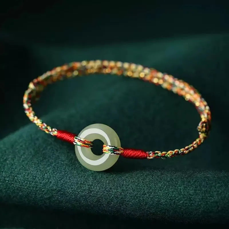 Woven peace buckle colourful rope bracelet on display – unisex natural style handmade accessory