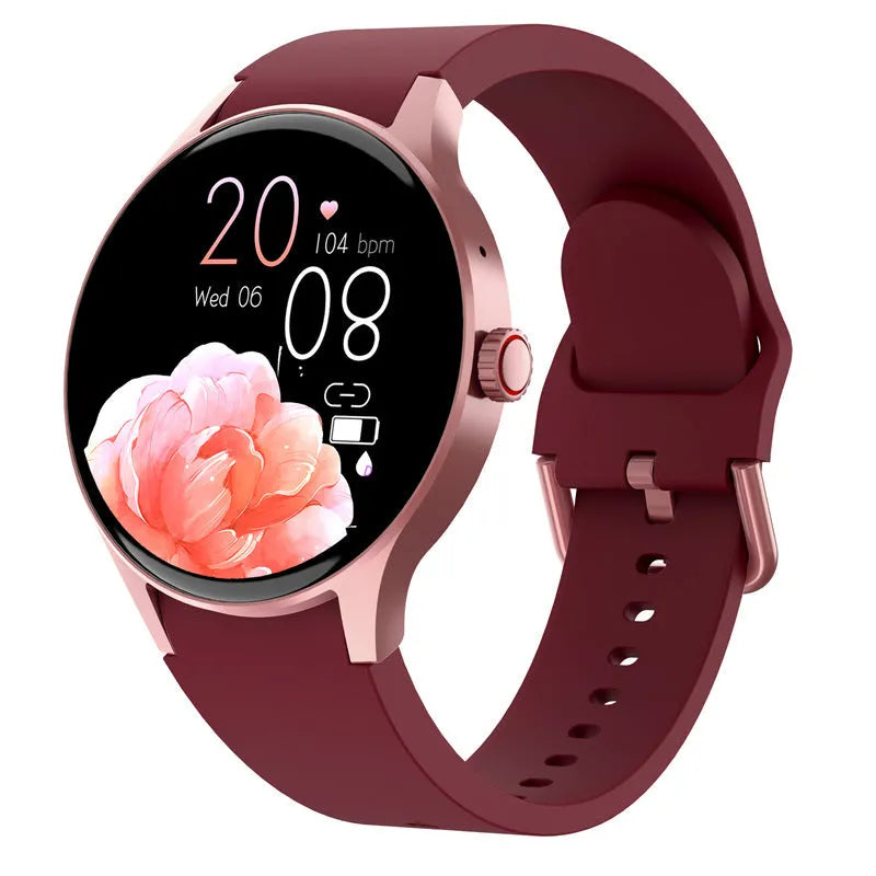 Black smart sport watch with round touch screen on a wrist, showing a fitness stat display.