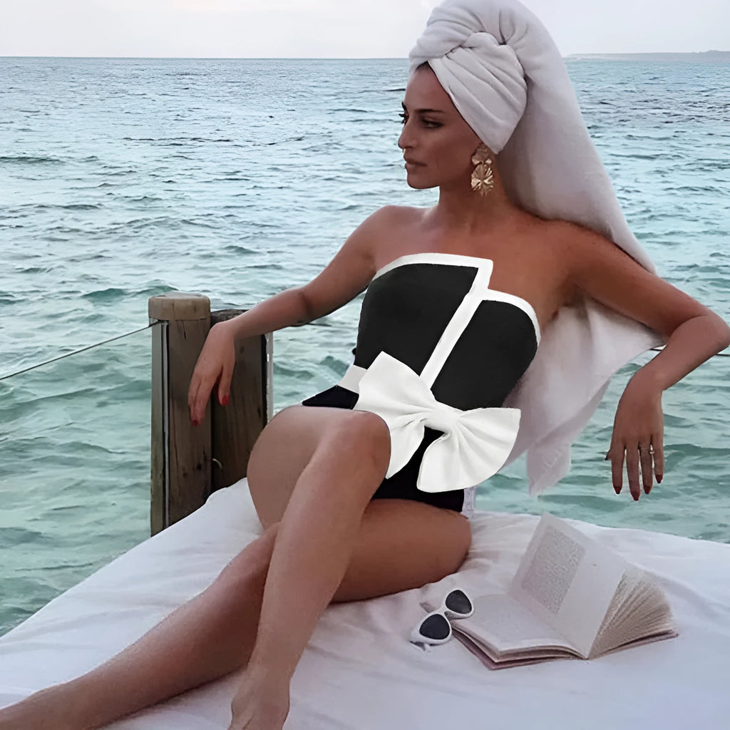 Black and white colour-block bow irregular tube top one-piece swimsuit for women with long skirt option