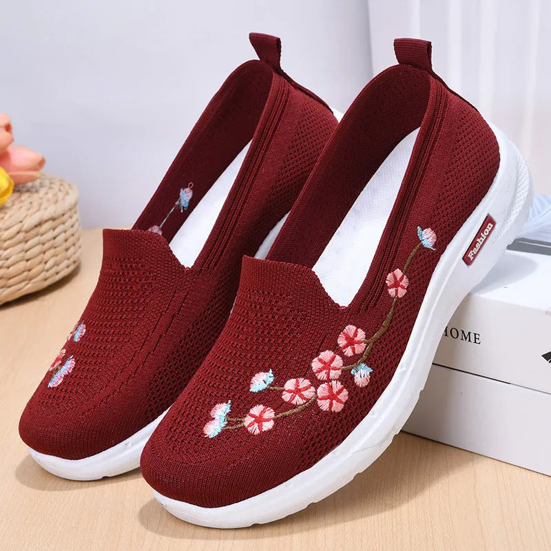 Women's embroidered flying woven sports pumps with anti-slip sole, low heel, available in black, gray, purple, wine red, sizes 36-42