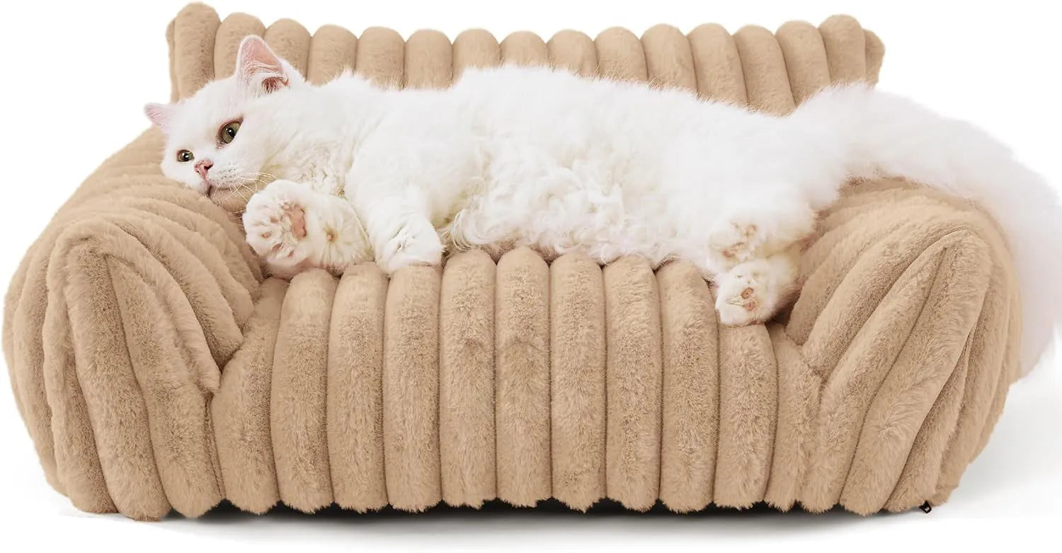 Bedsure fluffy cat couch in beige with corduroy fleece cover and three-sided support design