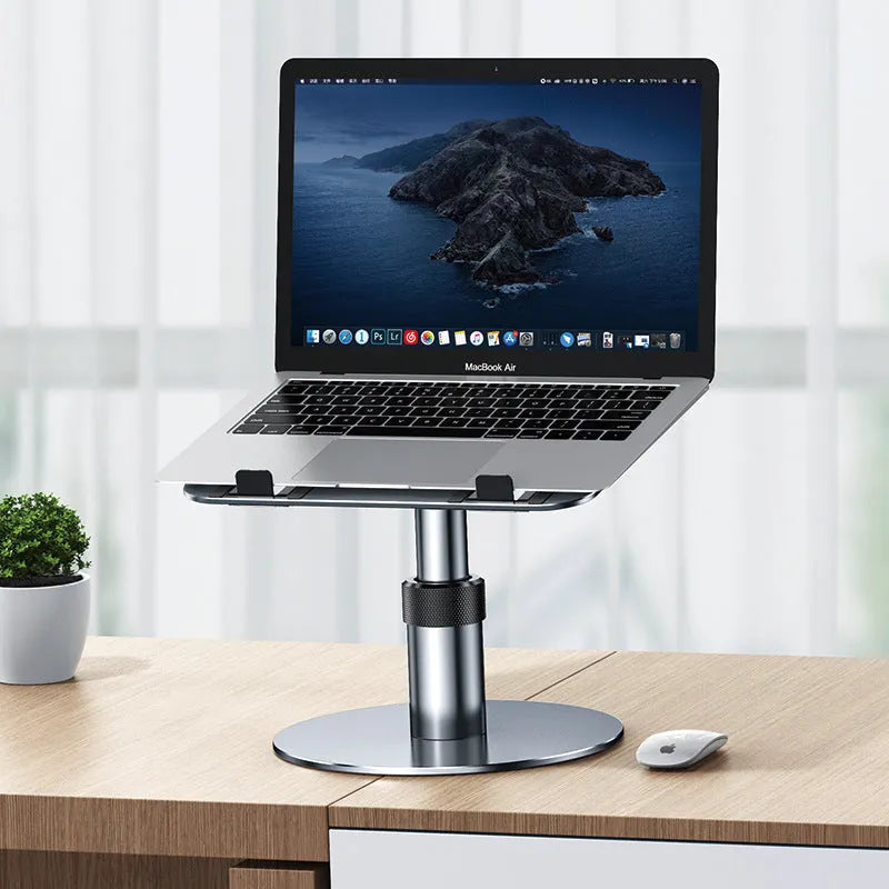 Silver adjustable car laptop stand with height adjustment and rotating base on vehicle seat