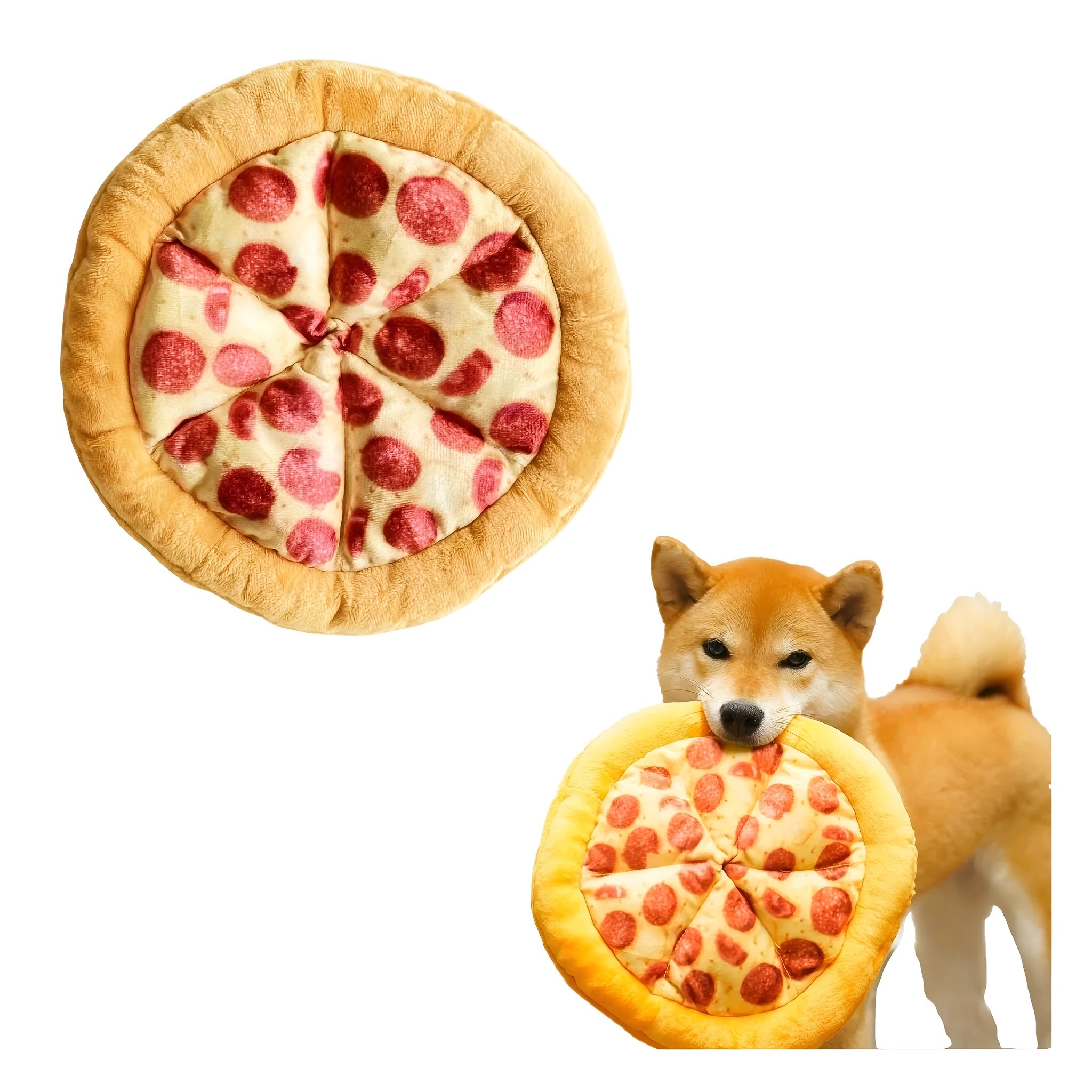 Yellow pizza slice dog chewing toy with squeaker for small to medium dogs