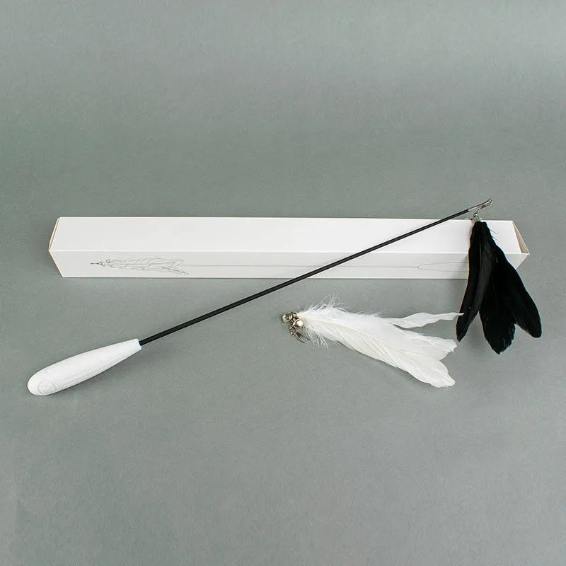 Telescopic fishing rod cat toy with goose feather lure, removable bell, extended to 80 cm on white background