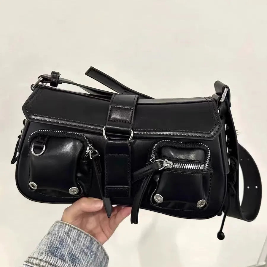Black PU leather baguette messenger bag with adjustable crossbody strap and zippered compartment