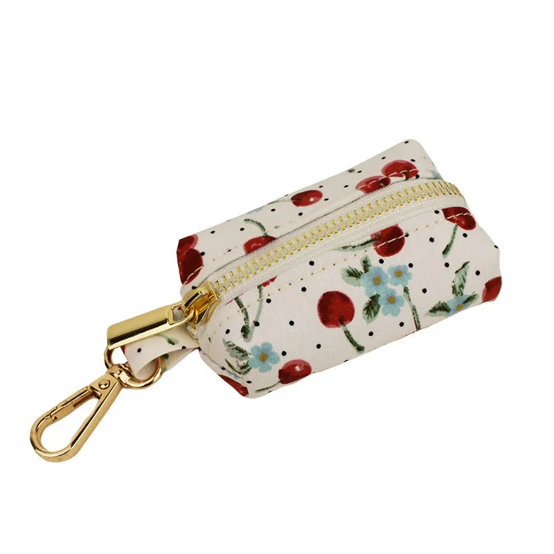 Red cherry printed dog collar and leash five-piece set with light gold buckle and bow strap