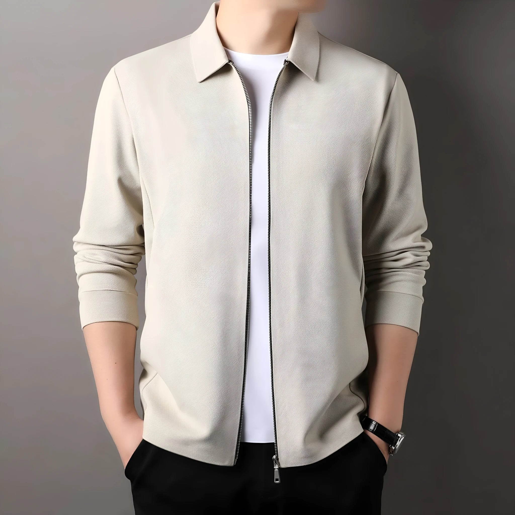 Men's polyester jacket in apricot colour with long sleeves and a straight hem.