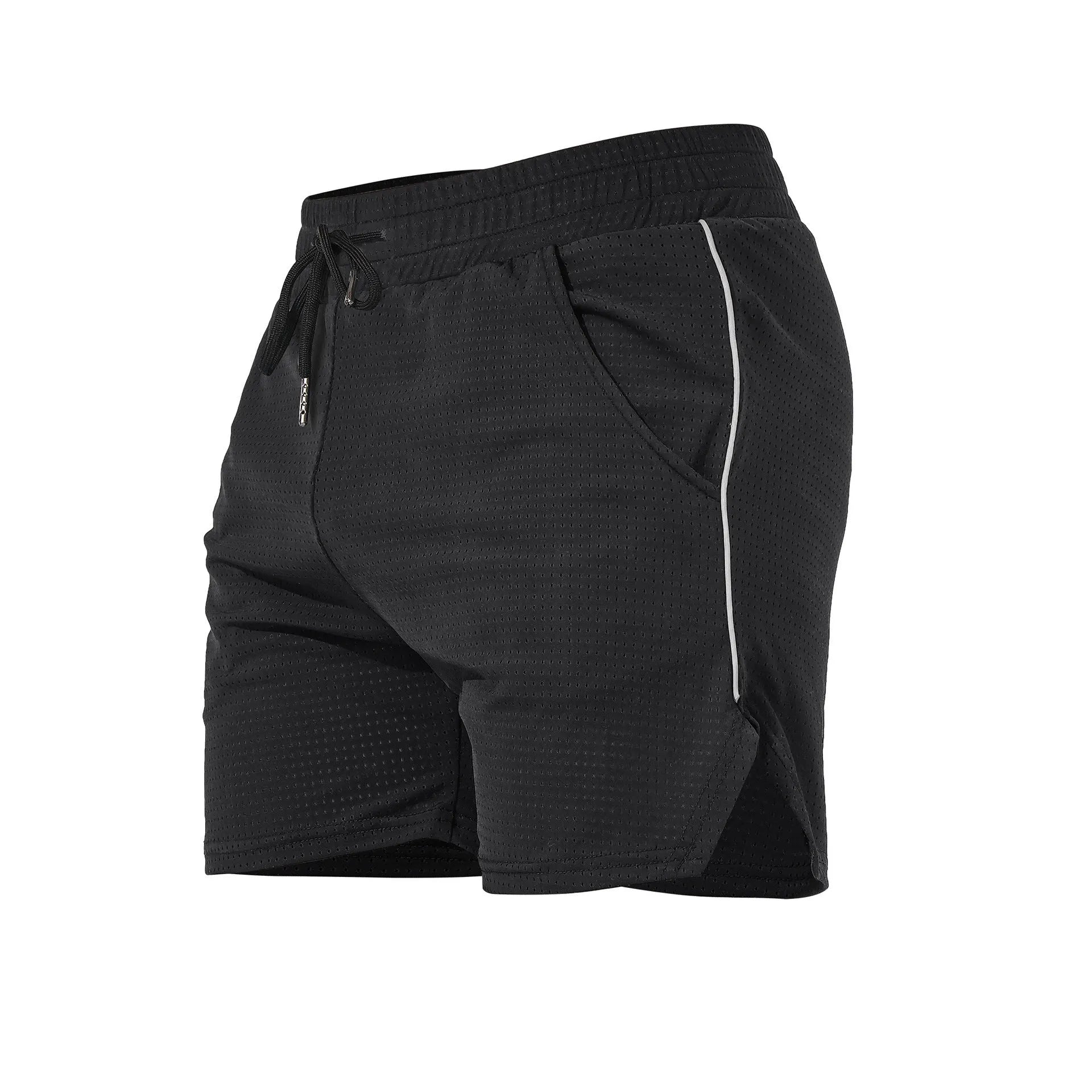 Man wearing straight-leg black polyester sports shorts suitable for fitness or casual wear.