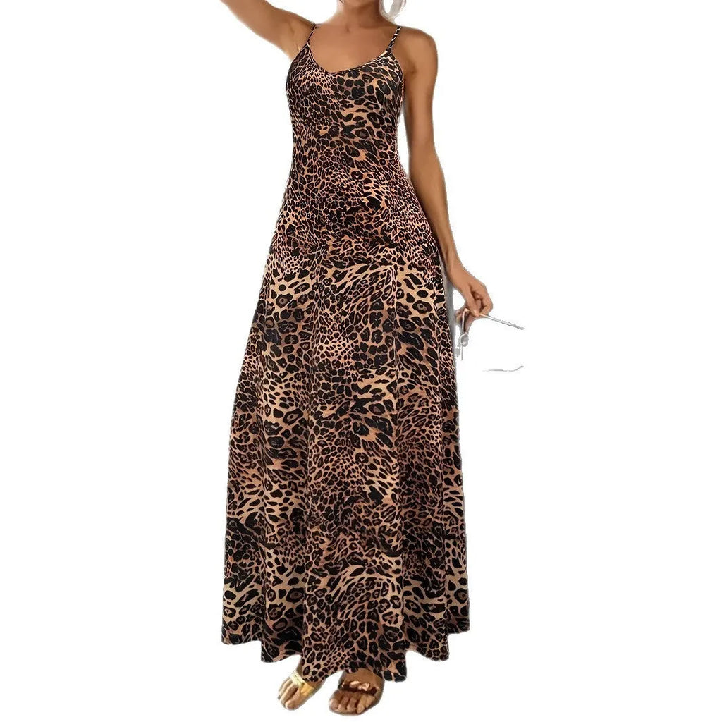 Dark brown leopard print sleeveless dress with round neck and hip skirt design