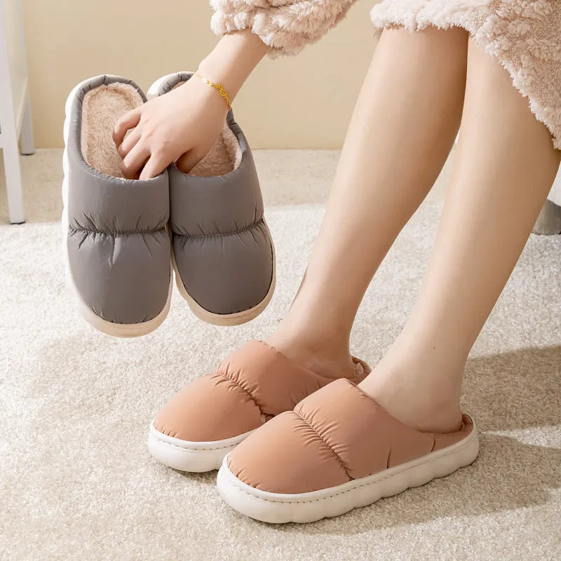 Artificial leather winter house slippers with thick rubber anti-slip soles and plush lining in blue colour