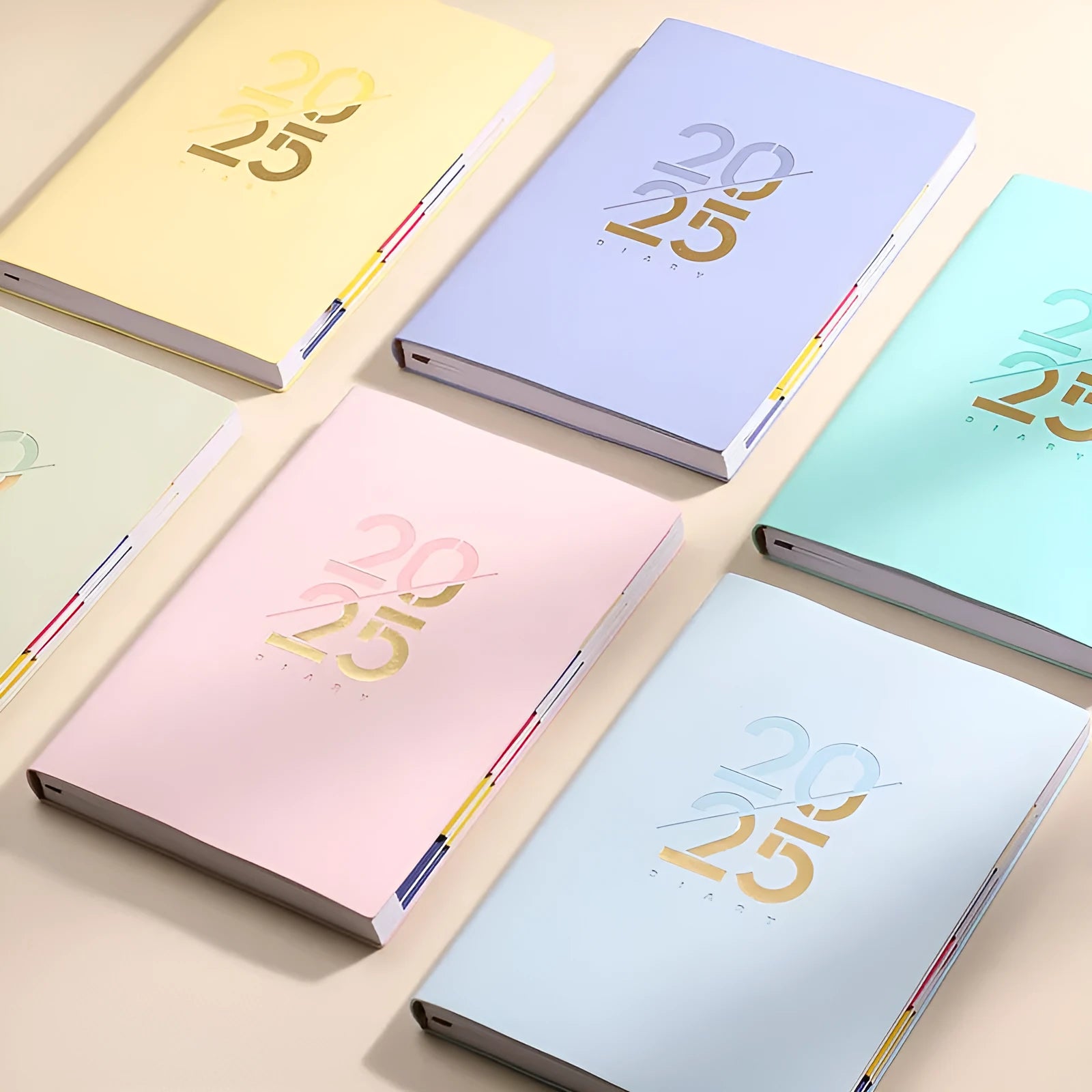 2025 A5 daily plan schedule book with soft faux leather cover in blue, pink, yellow, purple and green