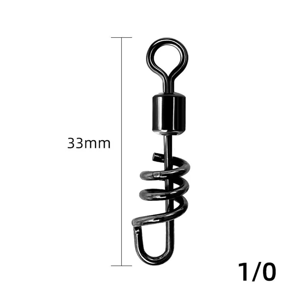 Stainless steel 8-shaped fishing swivel connector on a blue background.