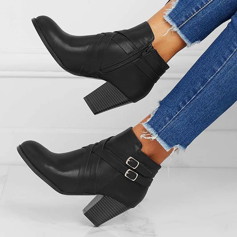 Plus size black short boots with side zip, buckle detail, and a 7cm thick heel.