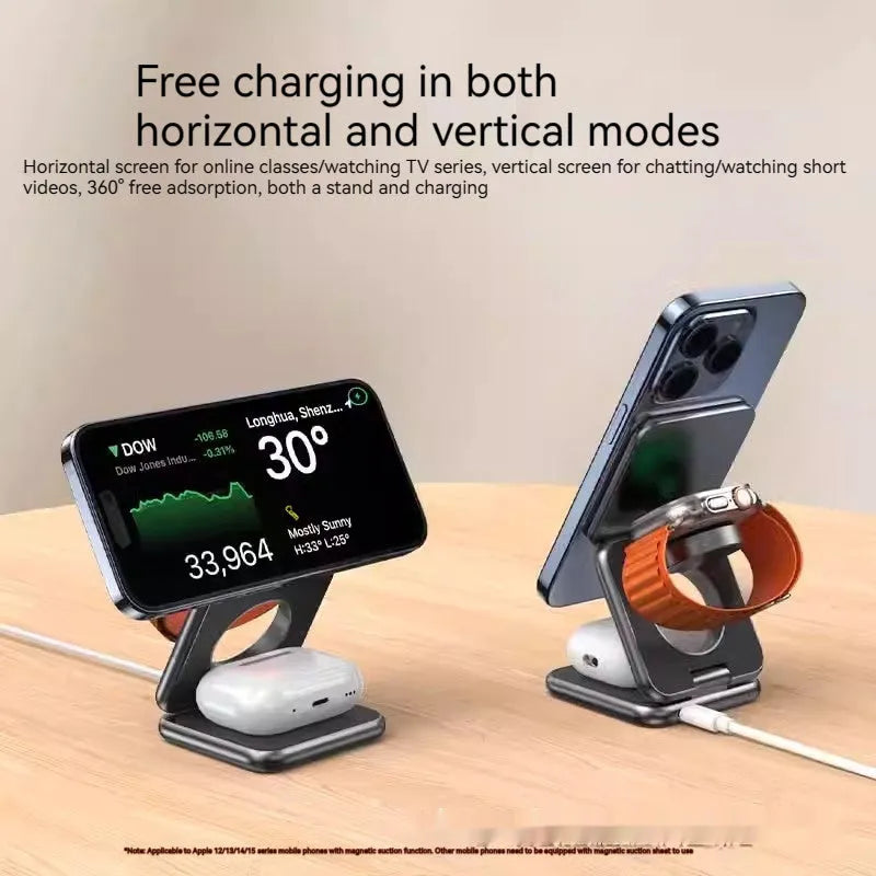 Foldable magnetic wireless charger phone holder in black with QC3.0 fast charging 15W output