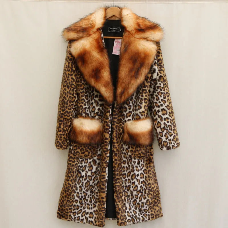Women's long leopard print artificial fur jacket with regular sleeves, 80cm length