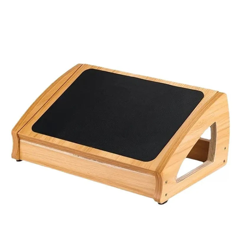 Wooden adjustable bamboo office desk footstool in natural wood colour