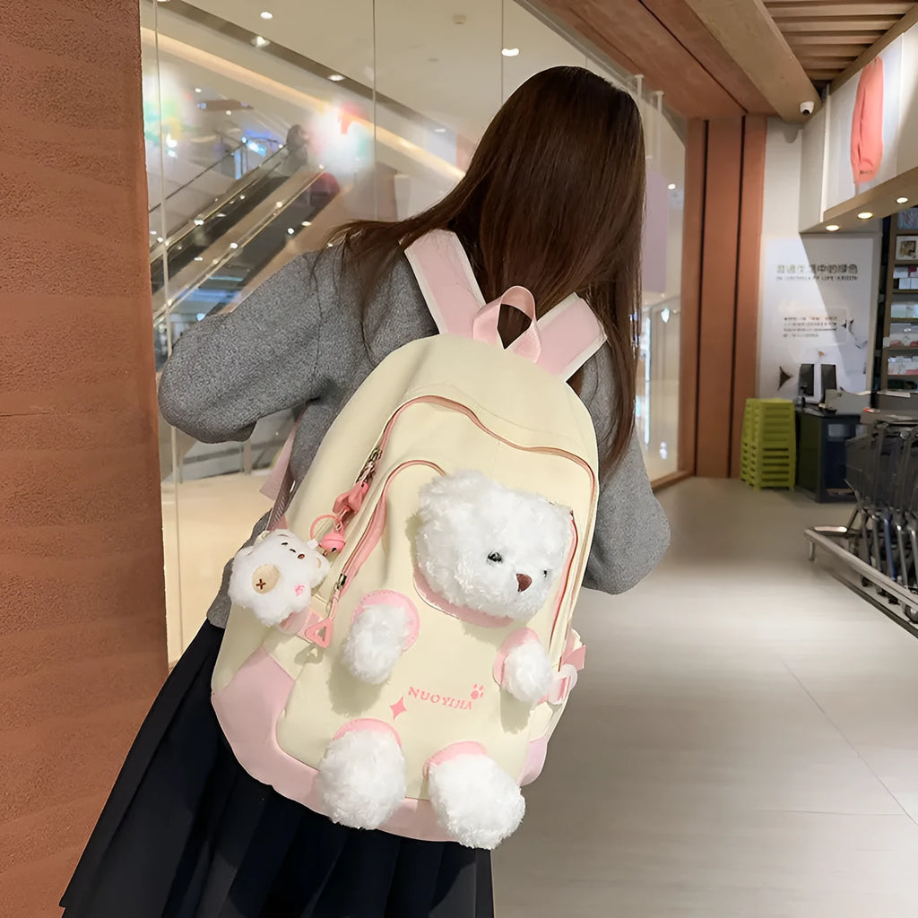 Cute Bear nylon backpack with curved strap in yellow pink macaron colour, 20-35 litre capacity