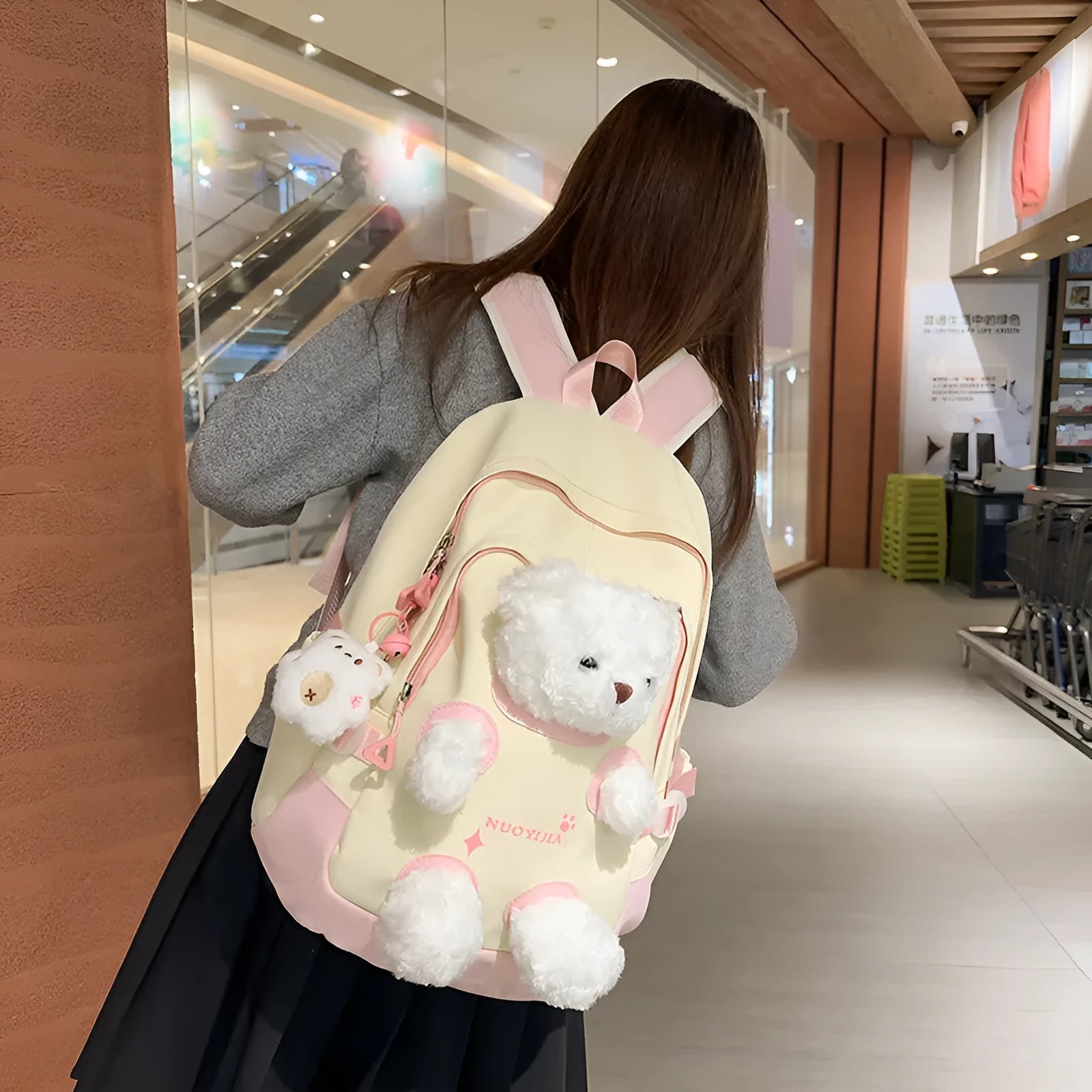 Cute Bear nylon backpack with curved strap in yellow pink macaron colour, 20-35 litre capacity