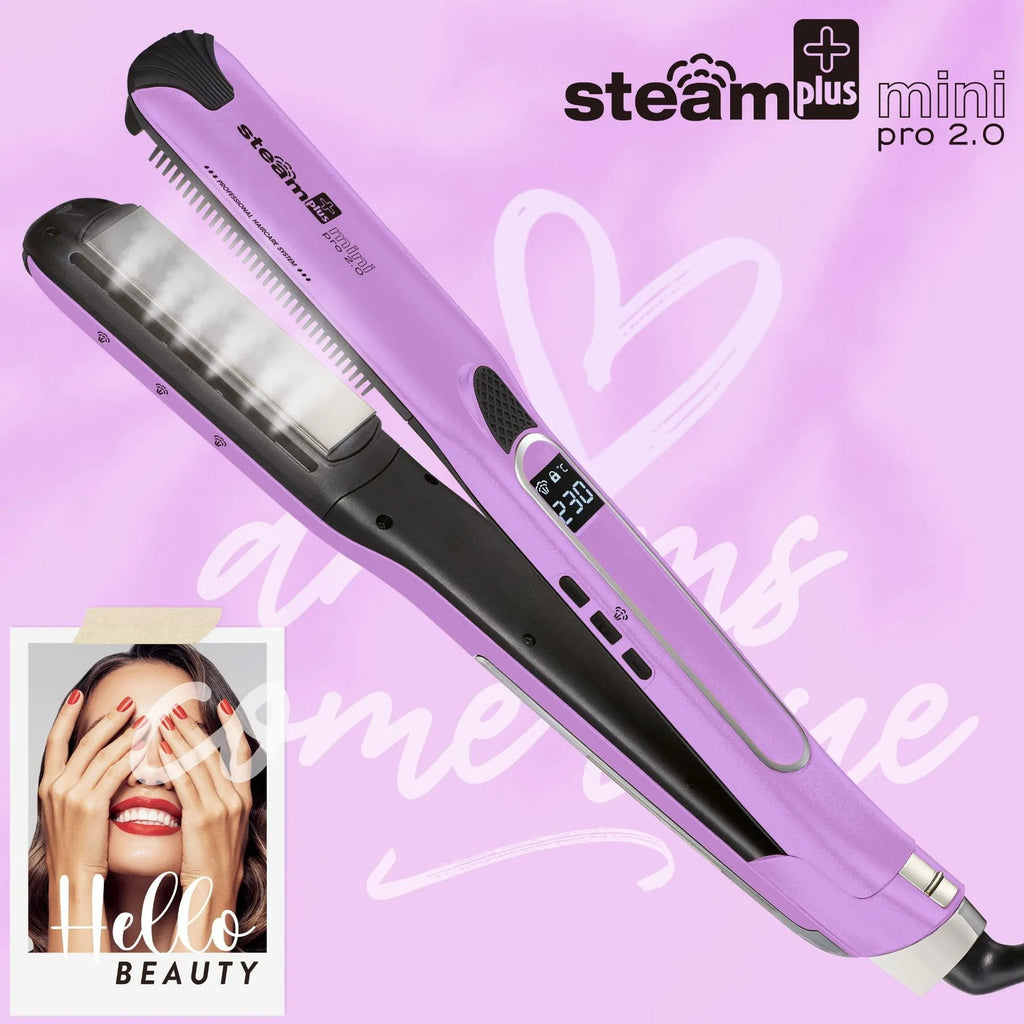 Mini steam spray hair straightener in purple, rose red and champagne colours showing heated plates and steam function