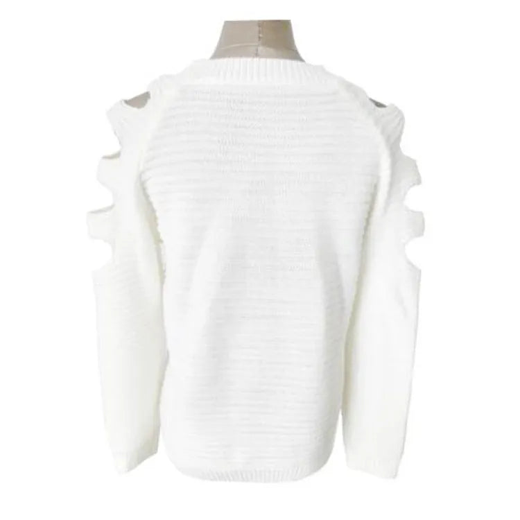 Women's grey crochet knit shirt with hollow-out detail on sleeves and body, round neck, long sleeves