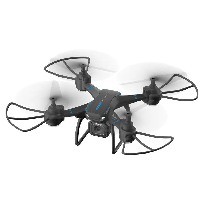 Blue third-order remote control drone with 4K dual camera, protective frame, and spare blades on grass