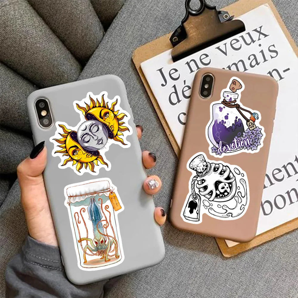 Waterproof PVC laptop stickers pack with glossy finish showing various designs and 3-8cm sizes
