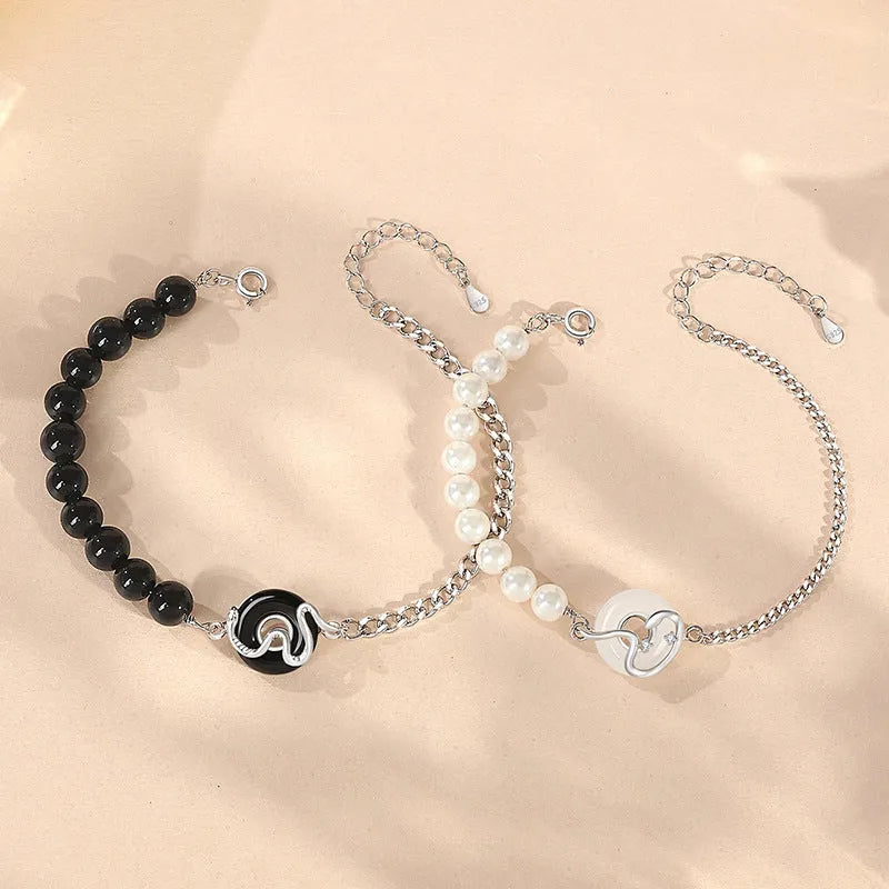 925 Sterling Silver Chinese Obsidian Pearl Couple Bracelet with snake design and safe buckle.