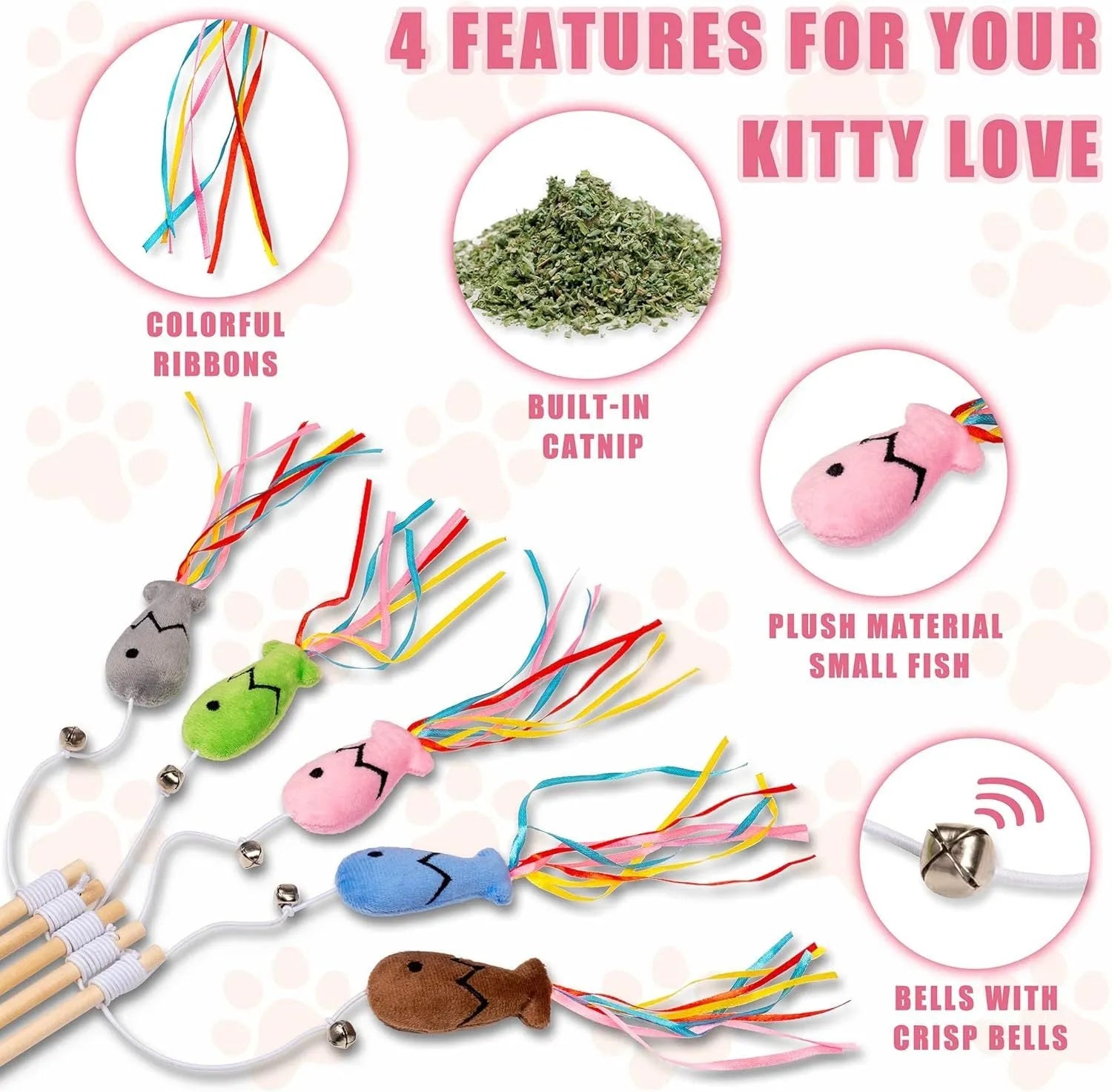 Colourful cat wand toy with wooden handle, elastic string, and a catnip fish with ribbons and a bell.