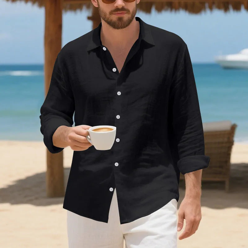 Men's loose fit linen casual shirt in non-ironing American style with eight colour options