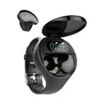 Black smart bracelet with detachable TWS Bluetooth earphones showing colour screen displaying heart rate and step count