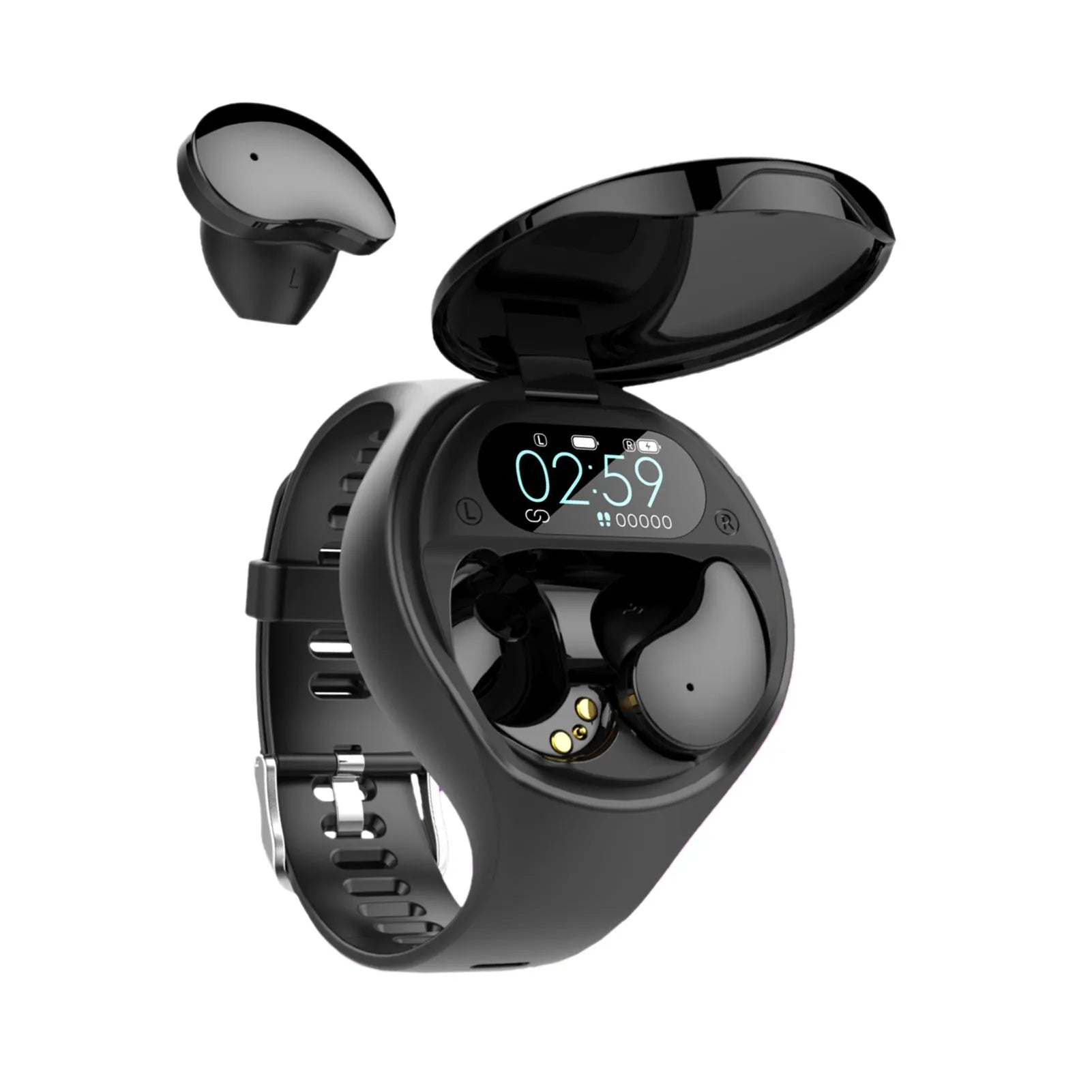 Black smart bracelet with detachable TWS Bluetooth earphones showing colour screen displaying heart rate and step count
