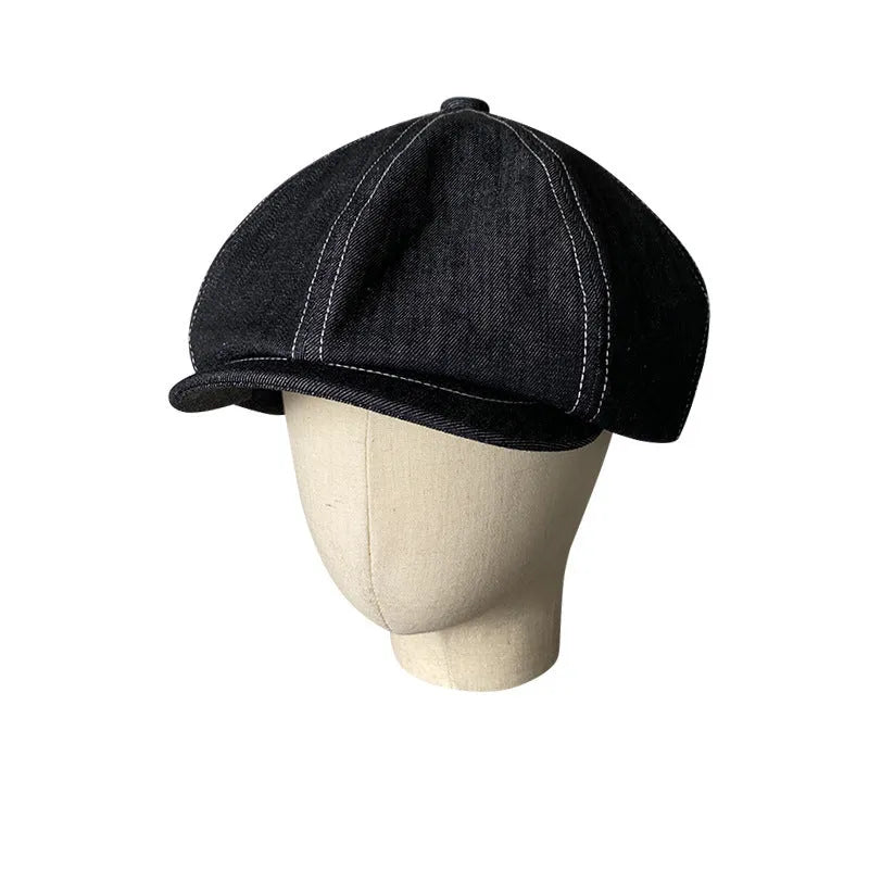 Black octagonal beret hat made from Japanese Denim cotton fabric, shown on a head model.