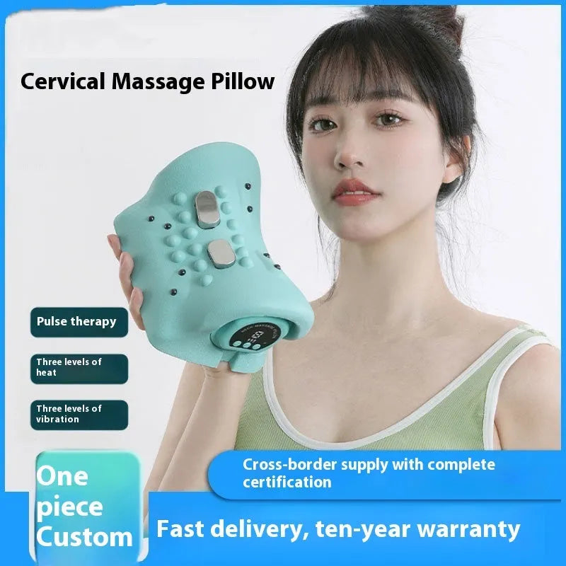Blue-green portable neck and shoulder massage pillow with EMS and heating functions