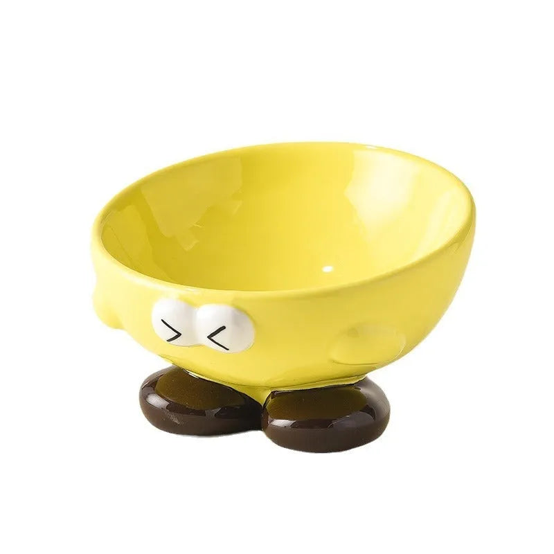 Oblique ceramic cat food bowl with cute expression print in blue for cervical spine protection