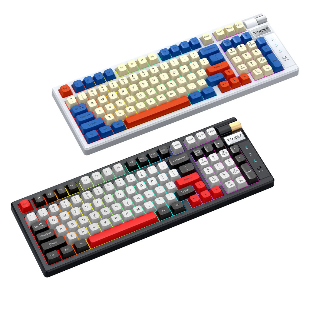 Bluetooth charging gaming mechanical keyboard in black and red colour, side view showing keys, 404mm width, with USB cable