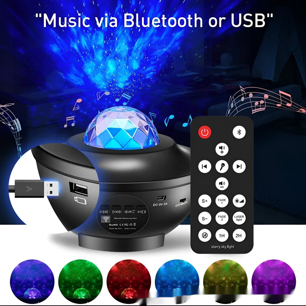 Black desktop starry sky projection lamp with rotating water ripple laser effects and remote control.