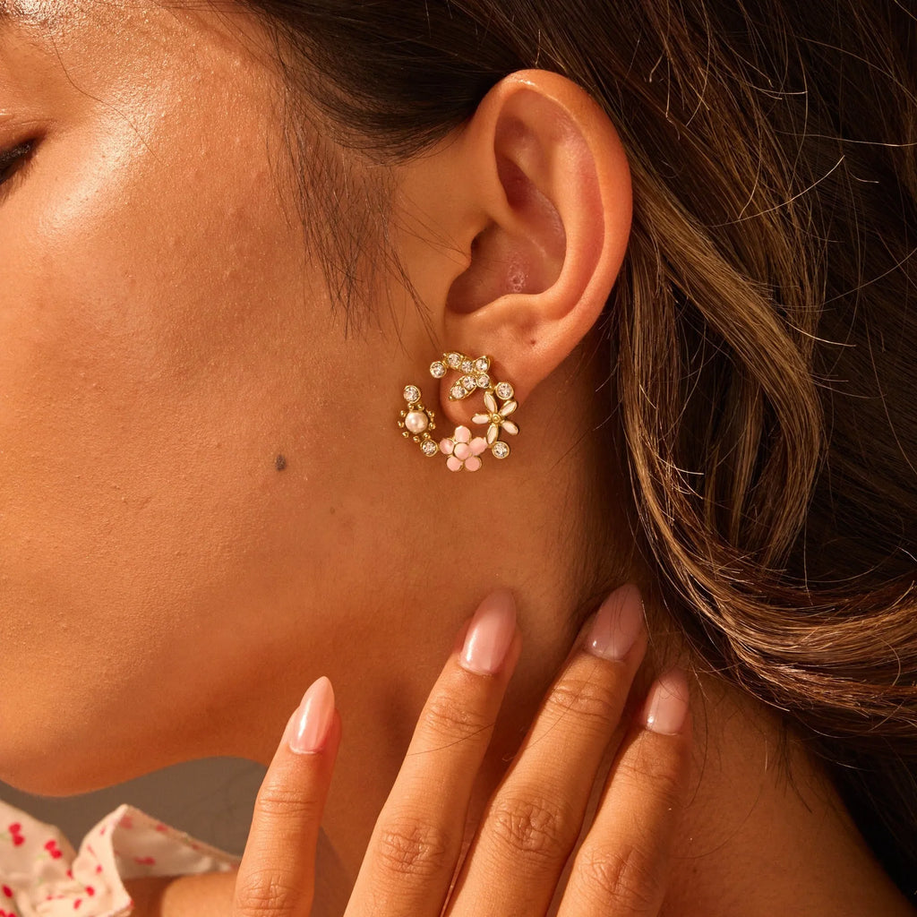 Colourful stainless steel flower petal stud earrings with 18K electroplated finish