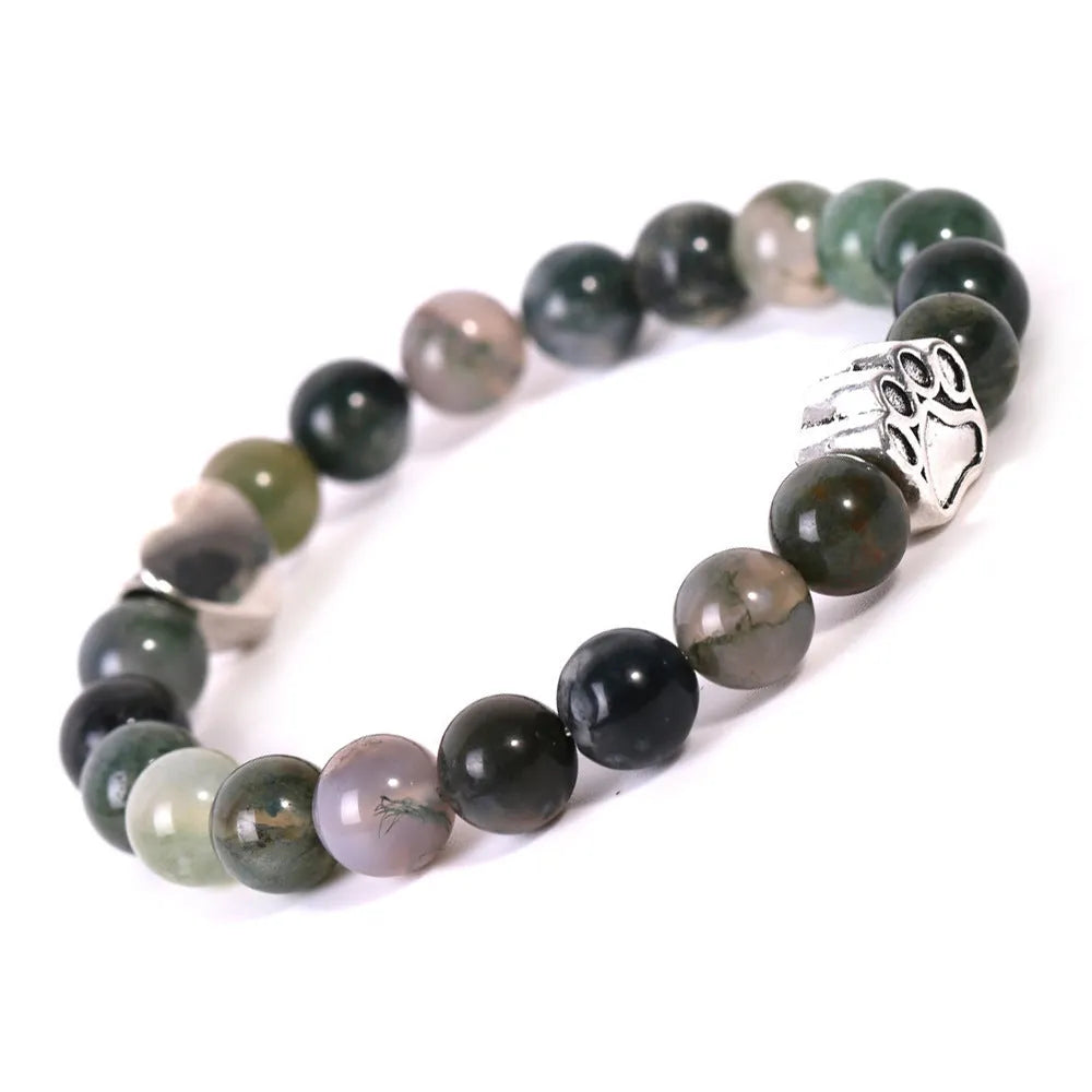 Indian agate stone bracelet with dog's paw and love heart geometric designs on wrist