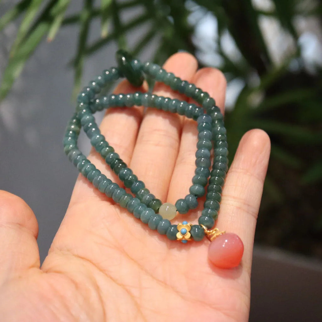 Natural blue water jade abacus beads bracelet with tourmaline and pearl three rings design, beads under 4mm
