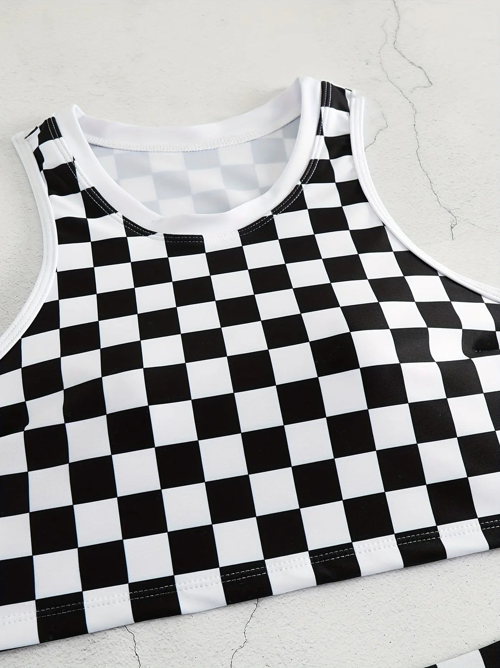 Racing one-piece swimsuit with suspender backless design chessboard plaid pattern polyester sporty style for women