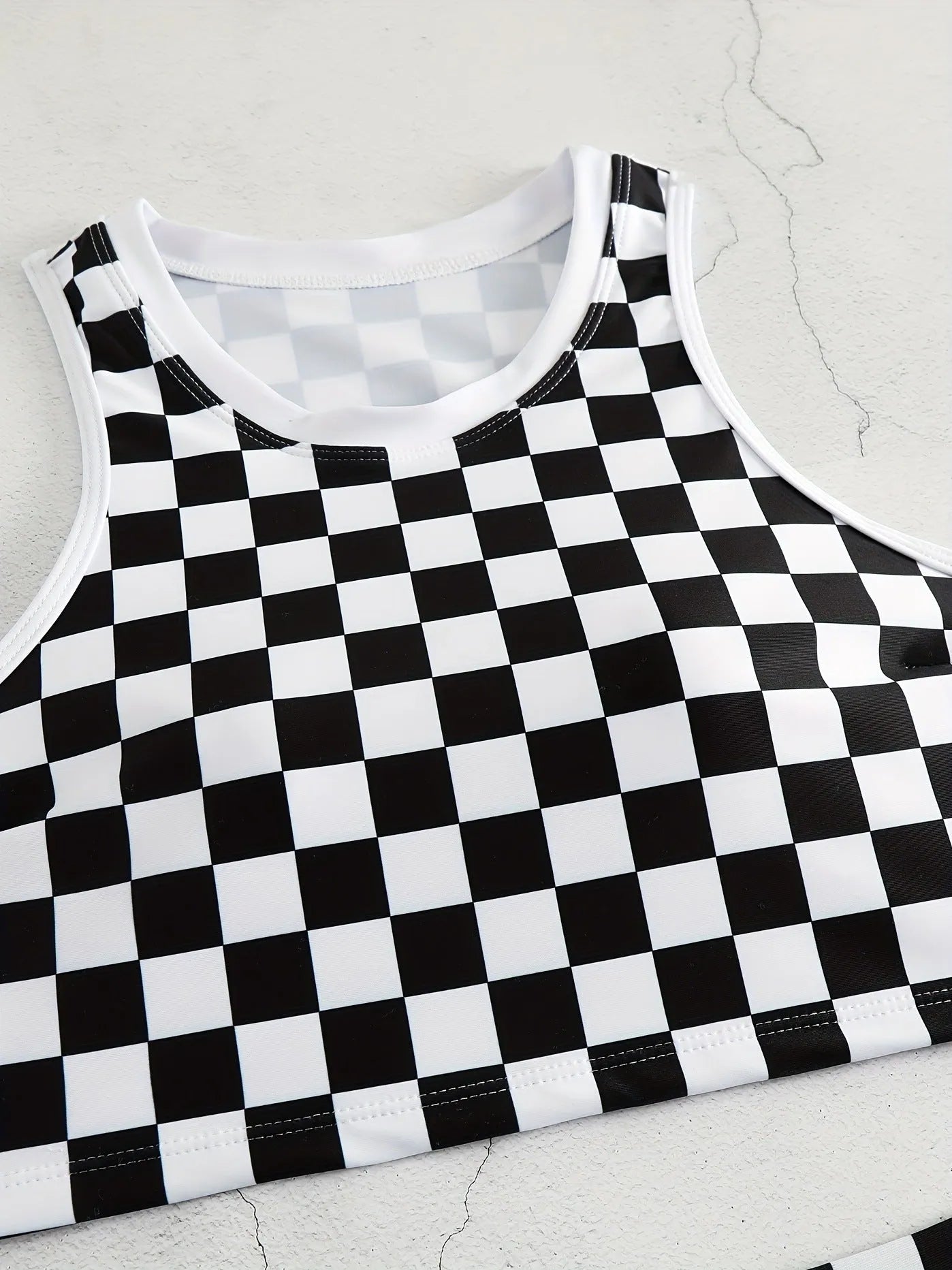 Racing one-piece swimsuit with suspender backless design chessboard plaid pattern polyester sporty style for women