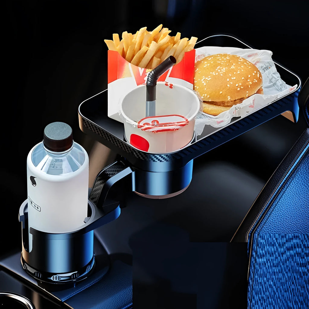 Black car cup holder with rotating dinner tray plate showing 360-degree swivel mechanism