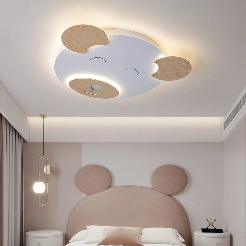 Creative cartoon bear ceiling lamp with PMMA lampshade, wrought iron mount, and wood grain finish, large size 54x46x4cm