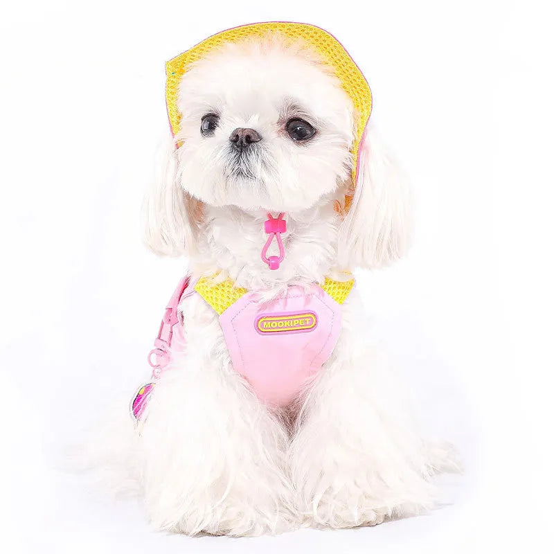 Pink polyester dog vest for small breeds like Bichon Frise on a white background.