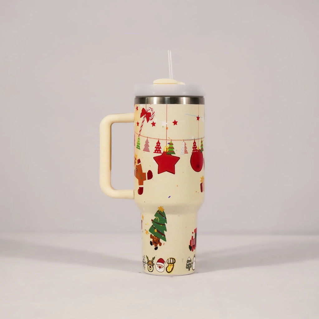 Christmas pattern stainless steel vacuum tumbler with handle and straw, 1200ml capacity, leakproof lid